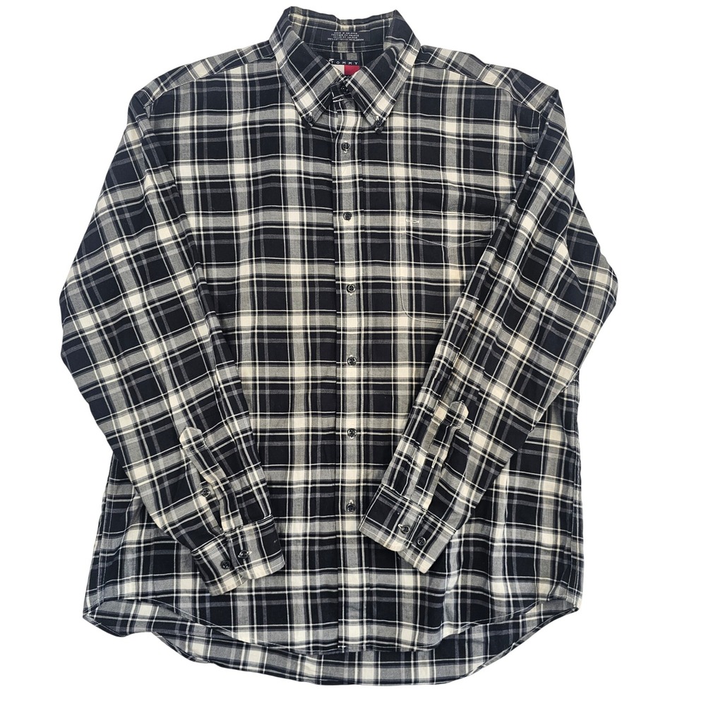 Tommy Hilfiger Mens Large Black‎ White Grey Plaid Button Down Shirt Long Sleeve